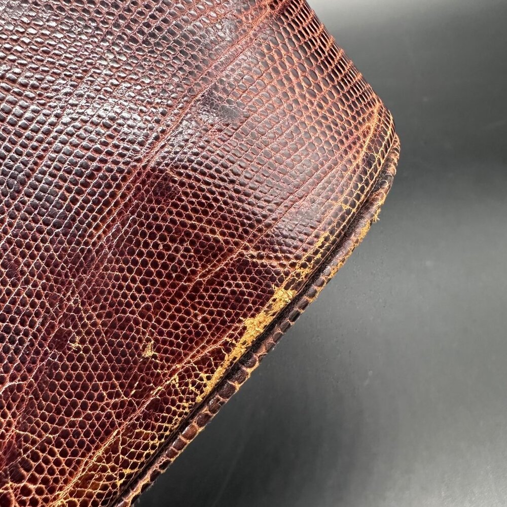 Vintage Purse Lizard Leather Handbag Lesco Mid Century Brown Gold Hardware Retro - Picture 10 of 16